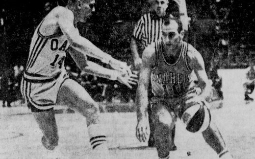 Two players of the American Basketball Association during a game