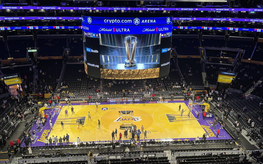 An NBA court photographed from the stands